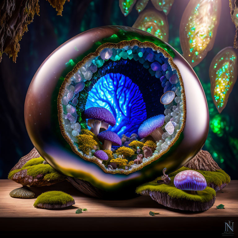 Fantastical glowing geode with magical forest inside, surrounded by mushrooms on wooden surface