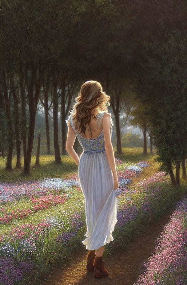 Woman in White Dress Strolling Flower-Lined Forest Path