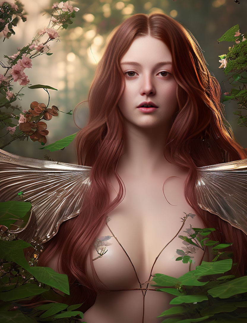 Fantasy portrait of woman with long red hair and golden wings in floral setting