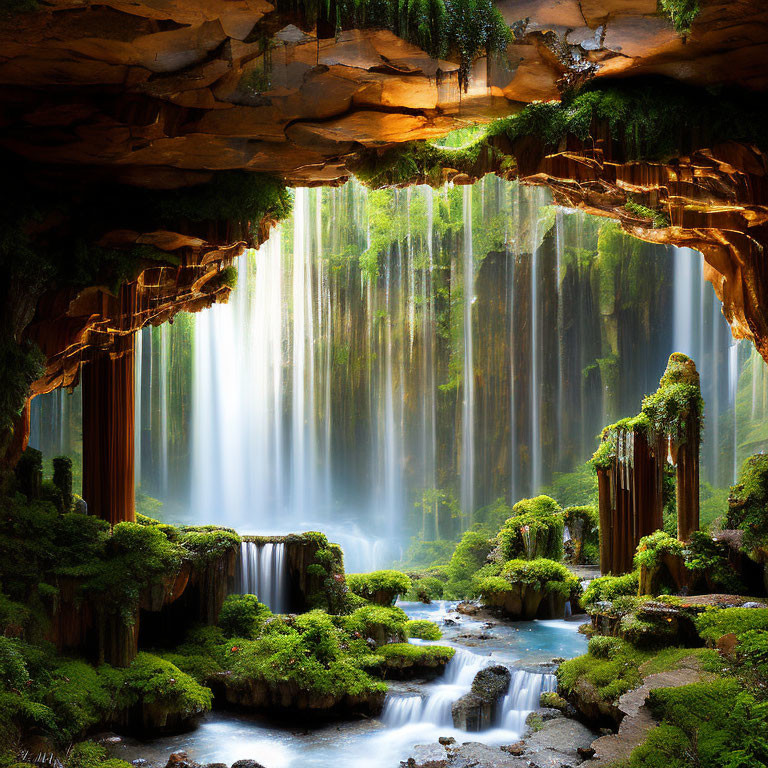 Tranquil cave with waterfall, lush greenery, and serene river