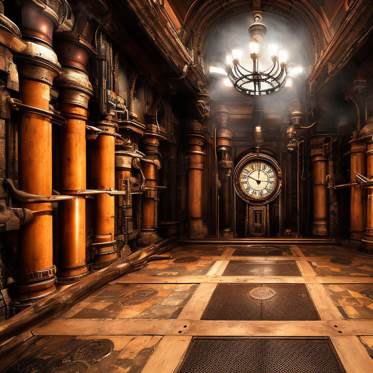 Vintage hallway with polished floors, ornate columns, large clock, and hanging chandelier.