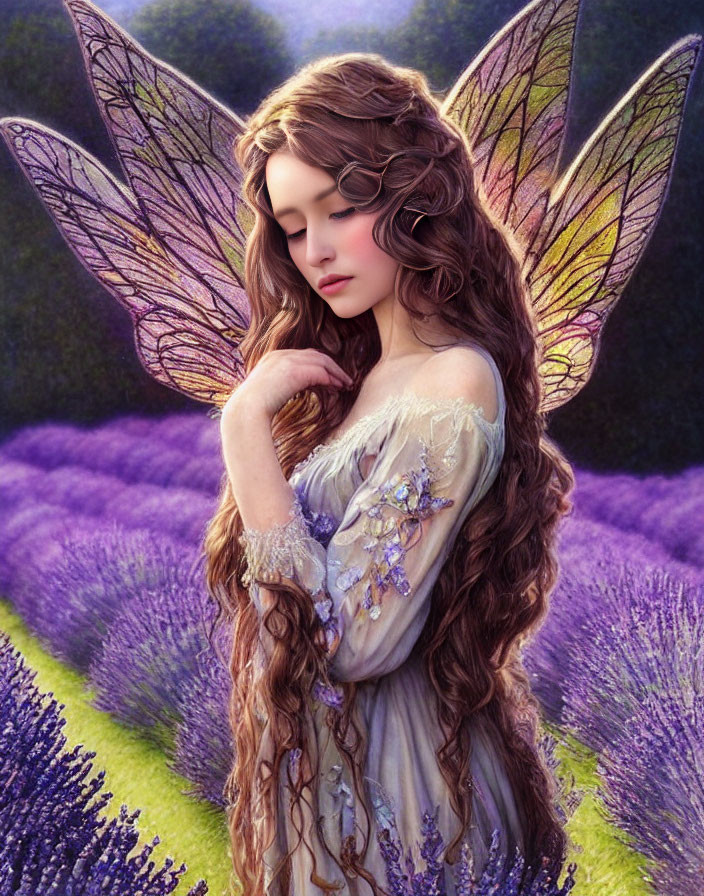 Illustration of a fairy in lavender fields with translucent wings