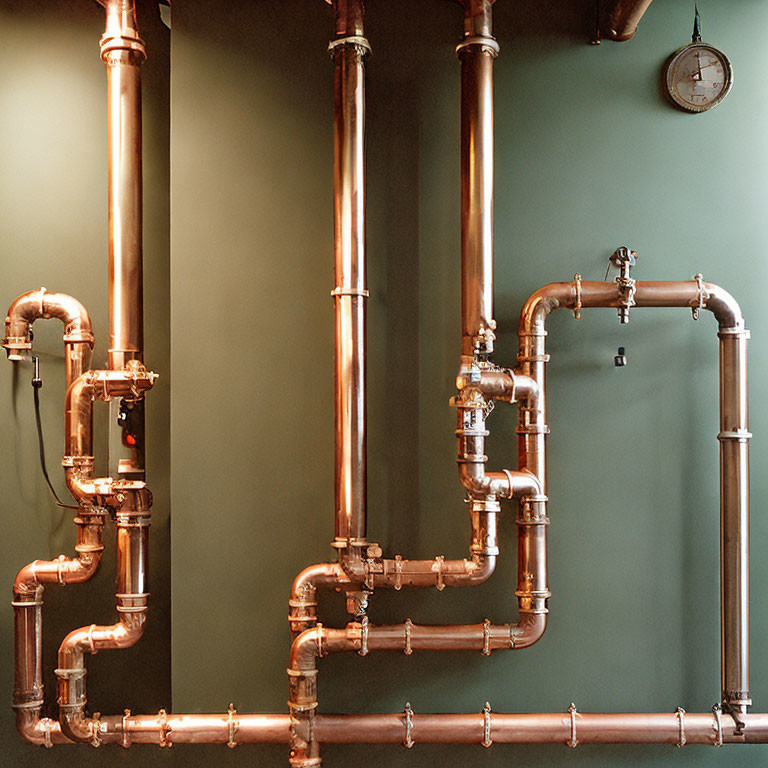 Copper pipes network with valves on dark green wall and round clock