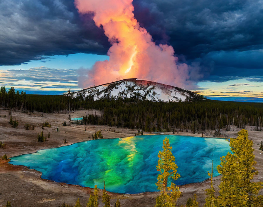 Colorful Geothermal Pool with Geyser Eruption in Dusky Sky