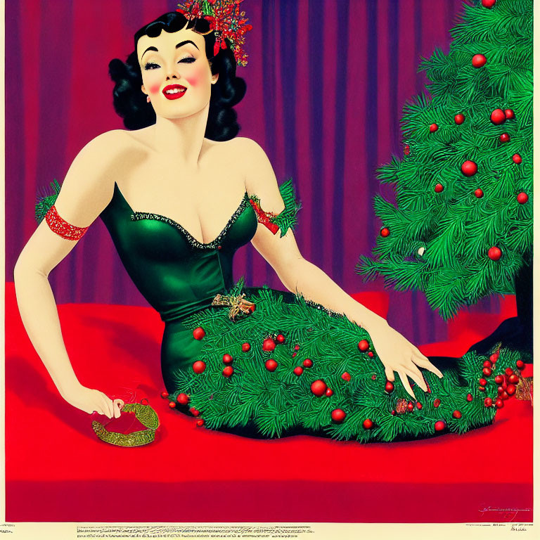 Vintage illustration: Woman in green dress by Christmas tree