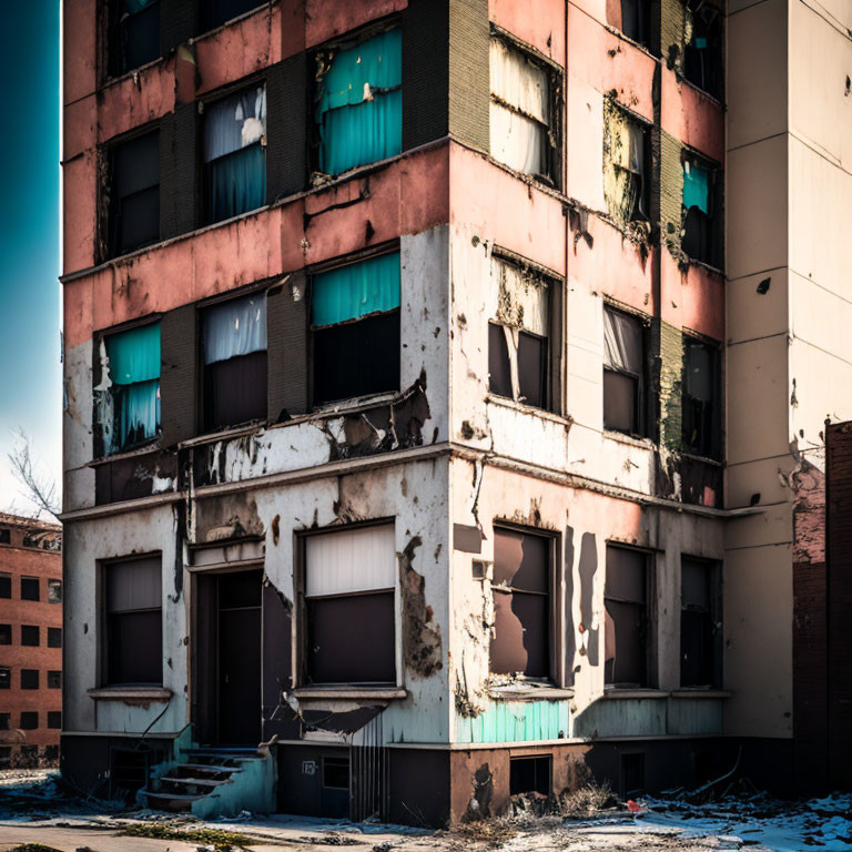 Decrepit multi-story building with broken windows and peeling paint