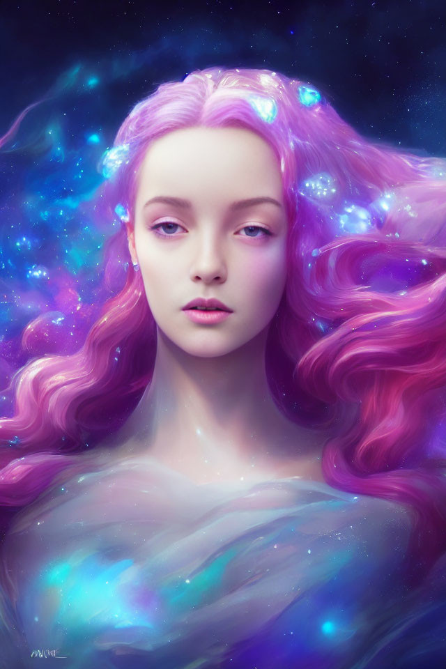 Surreal portrait: Woman with pink hair in cosmic setting