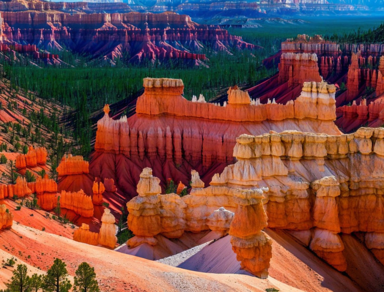 Orange and Red Rock Formations with Pine Trees and Blue Sky