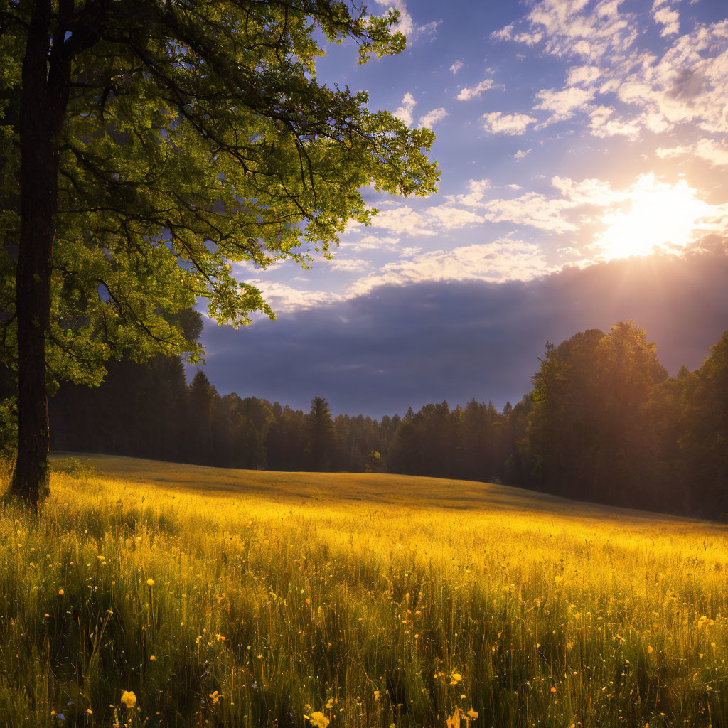 Scenic sunrise over blooming field with trees' silhouettes