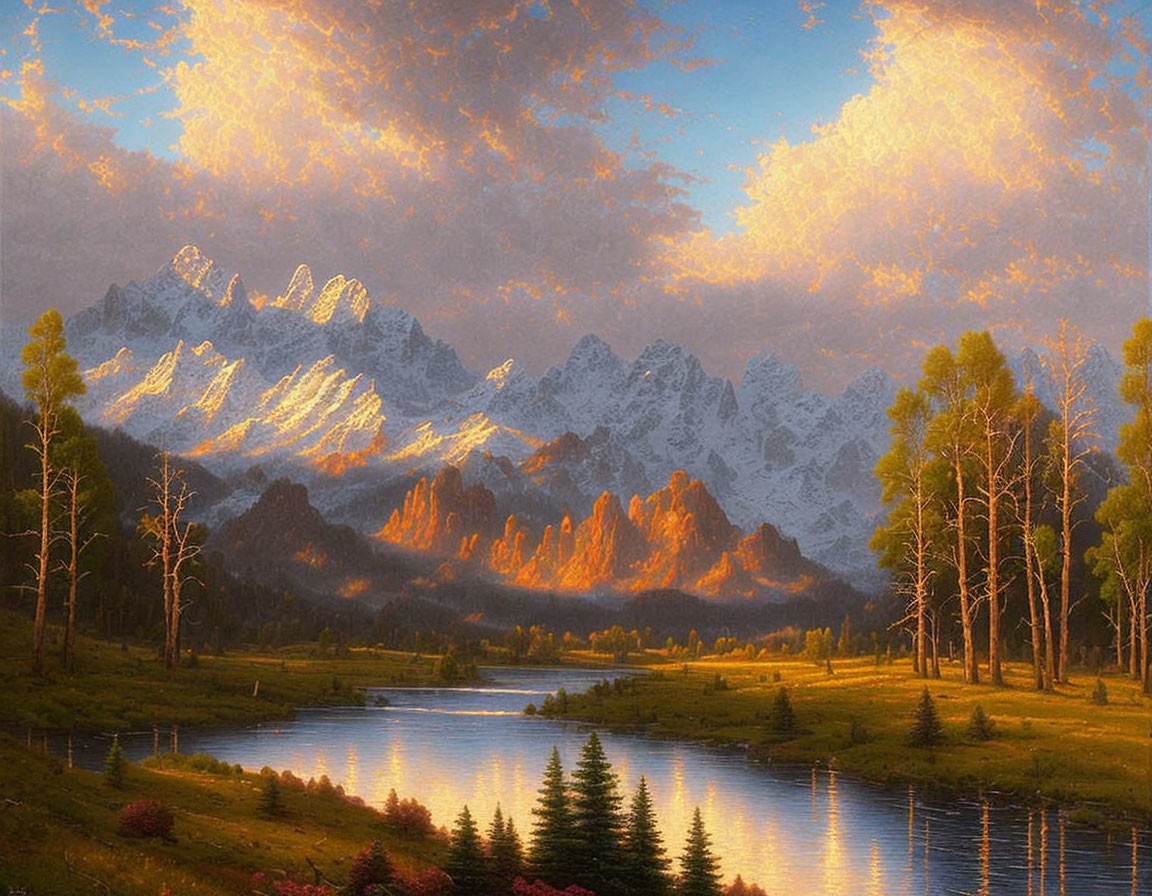 Tranquil landscape with river, trees, mountains, and sunset sky