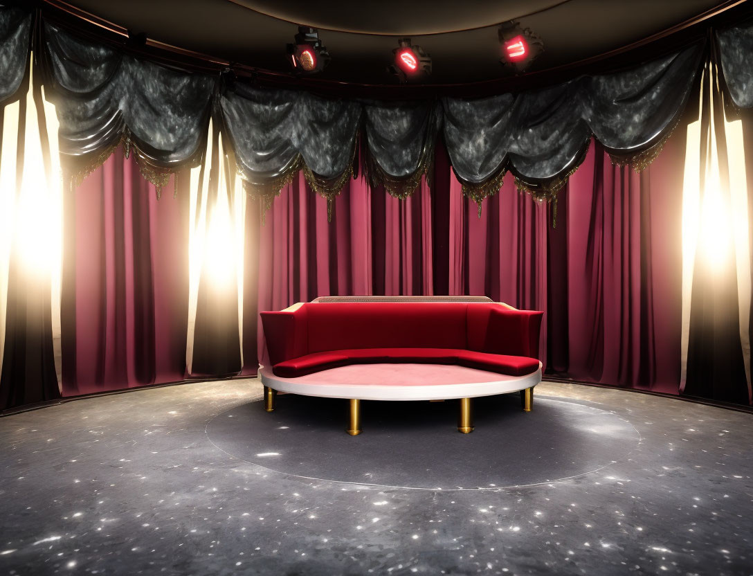 Luxurious Stage Setup with Red Sofa, Spotlights, Dark Curtains, Starry Floor, and