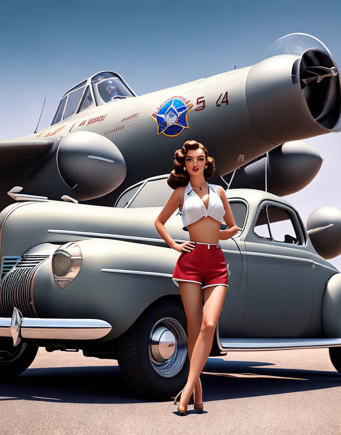 Vintage Style Illustration: Woman in Sailor Outfit with Classic Car & Fighter Plane