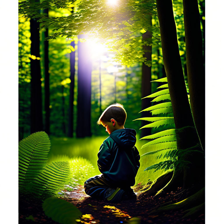 Child sitting in sunlit forest surrounded by ferns and trees