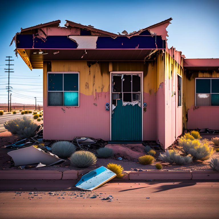 Abandoned yellow and pink building in desert landscape