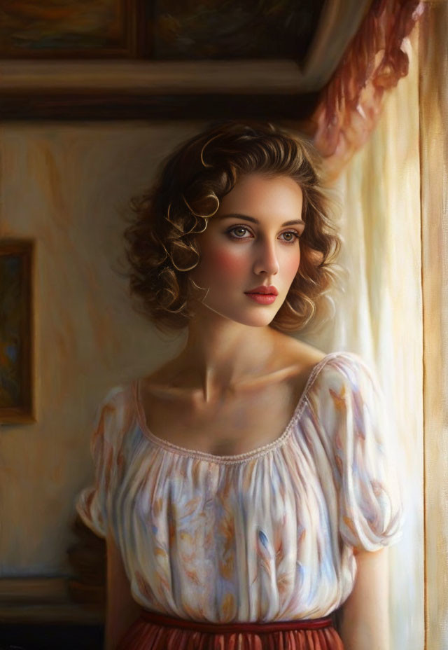 Curly-Haired Woman in Pastel Blouse and Red Skirt in Classic Interior