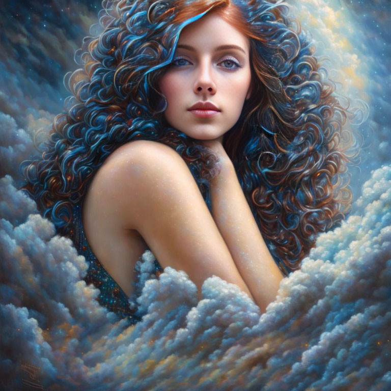 Blue-eyed woman with voluminous curly hair in cosmic background.