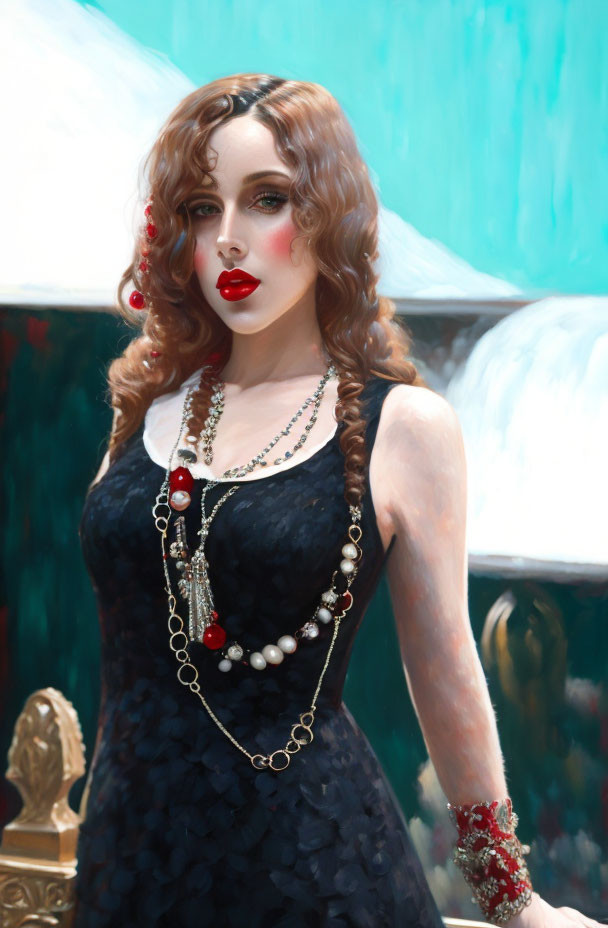 Portrait of Woman with Wavy Brown Hair and Red Lipstick