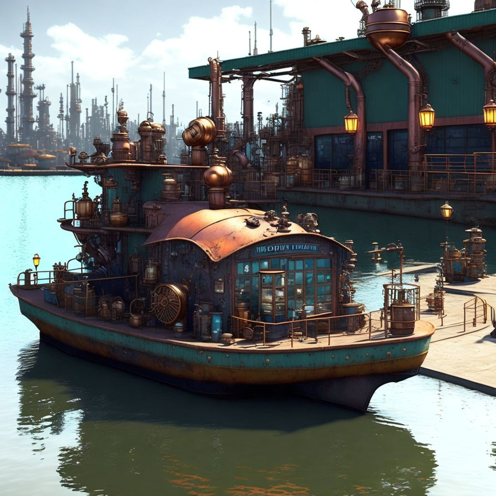 Steampunk-style boat with intricate metalwork and gears in industrial harbor