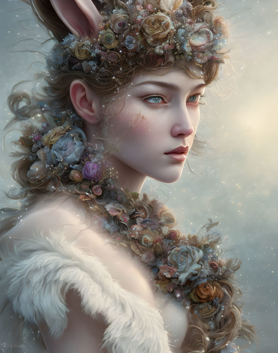 Whimsical female figure with flowers and foliage in hair on glowing backdrop