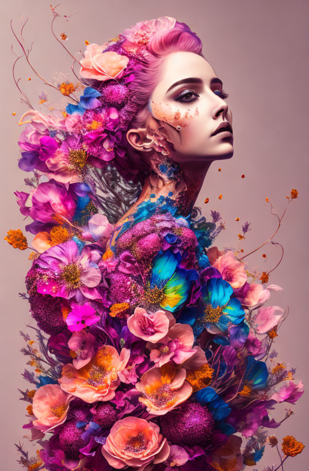 Vibrant flowers cascade over person with pink hair