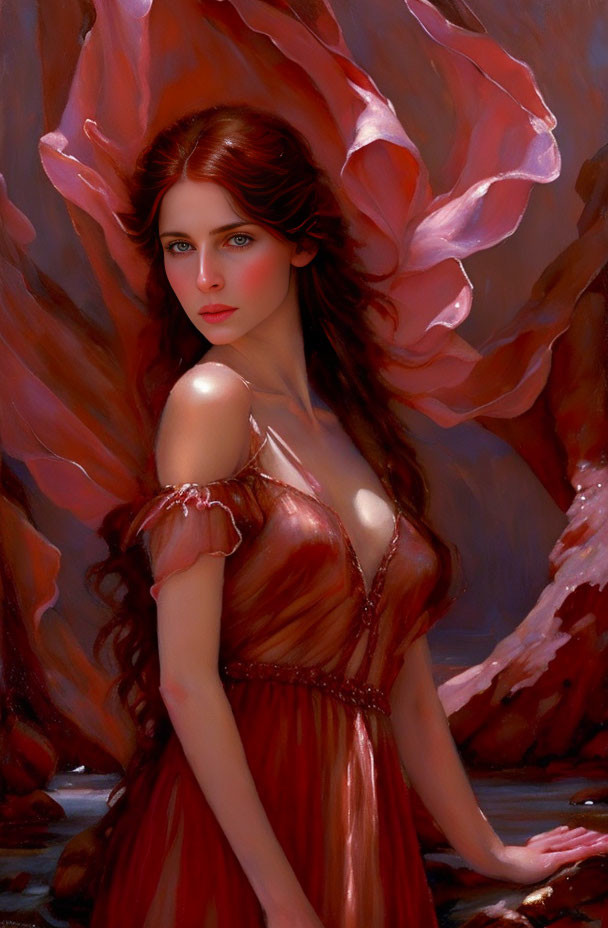 Fantasy figure with red hair and blue eyes in rose gown among pink petals