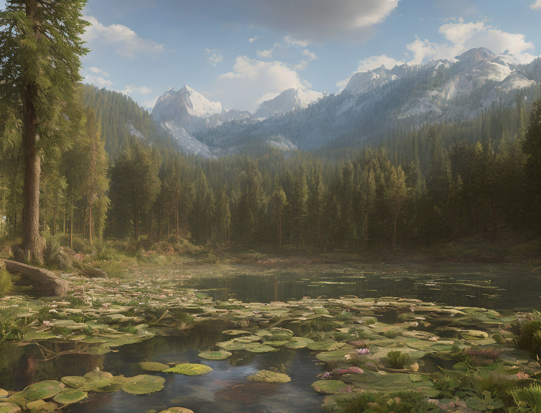 Tranquil lake with water lilies, forest, and mountains in hazy sky