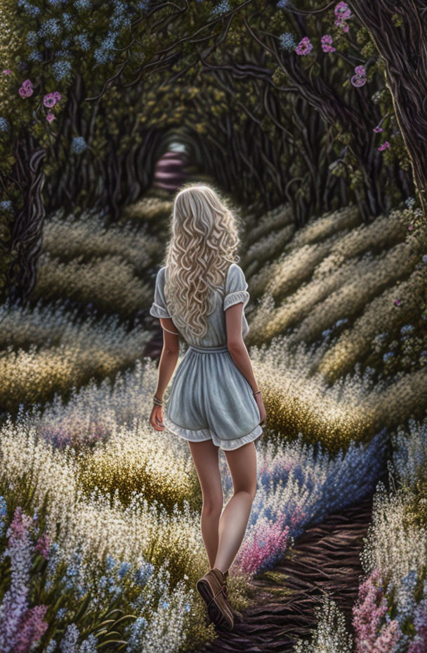 Blonde woman in white dress on flower path in mystical forest