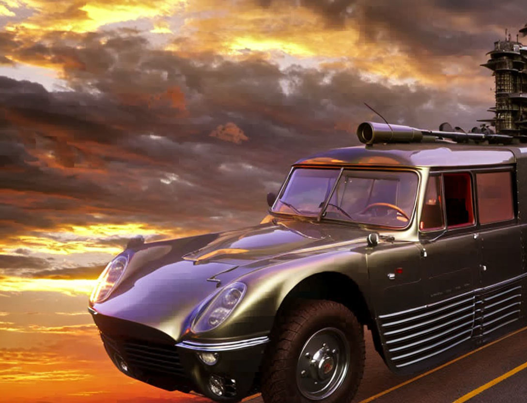 Vintage Silver Car with Armaments Parked by Naval Ship Silhouette