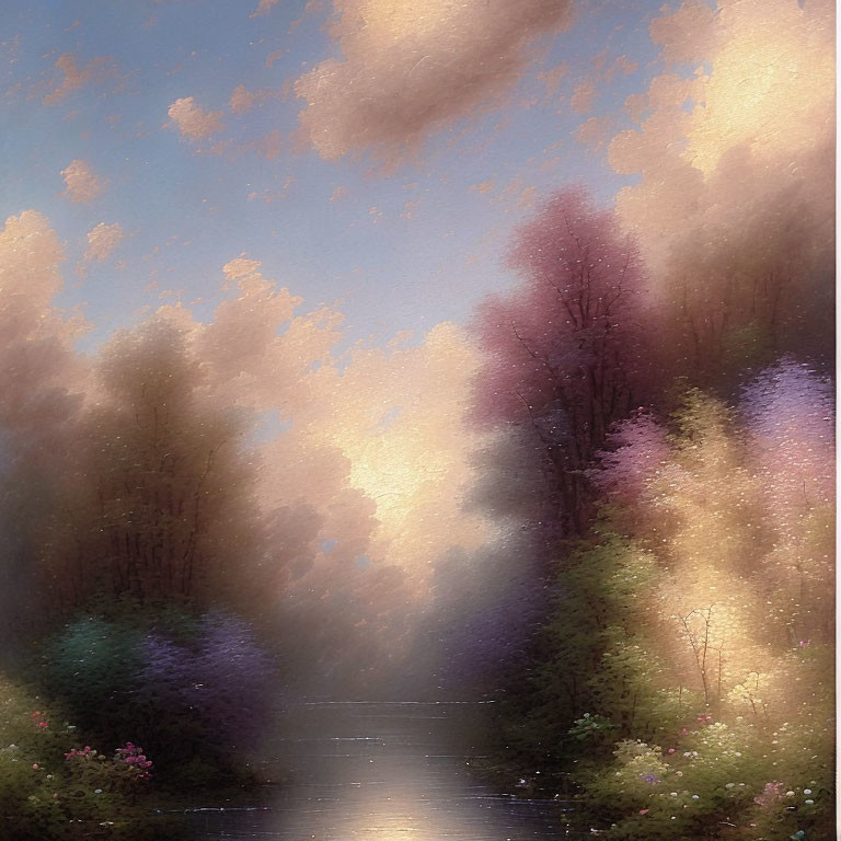 Tranquil waterway painting with misty trees and pastel sky