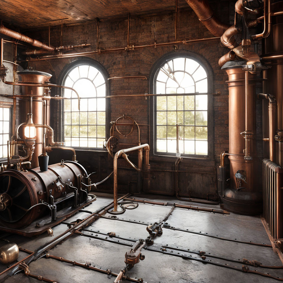 Vintage Industrial Interior with Large Windows and Complex Piping