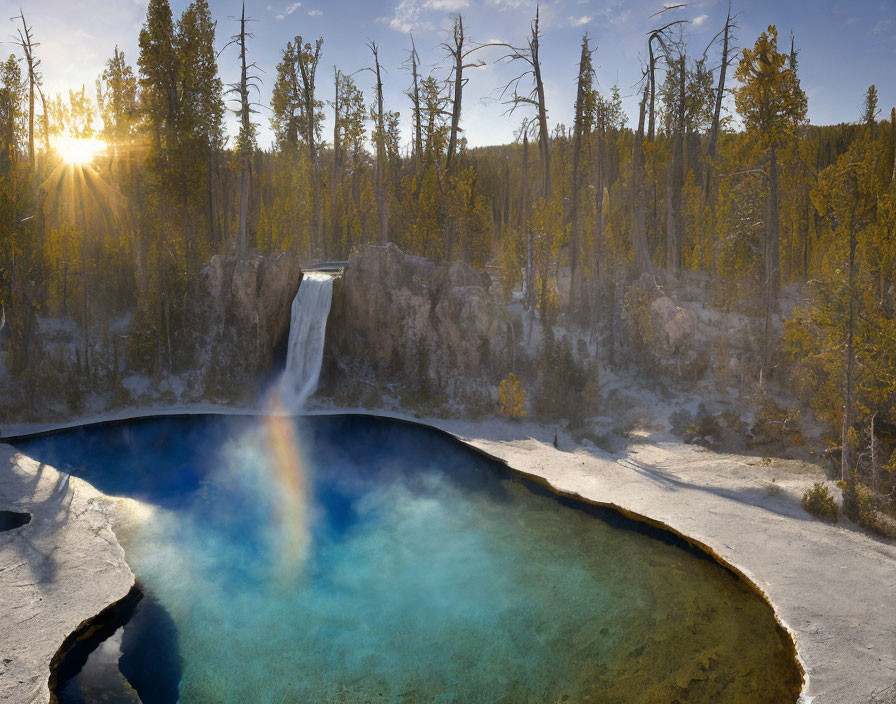 Tranquil forest landscape with hot spring and waterfall at sunrise