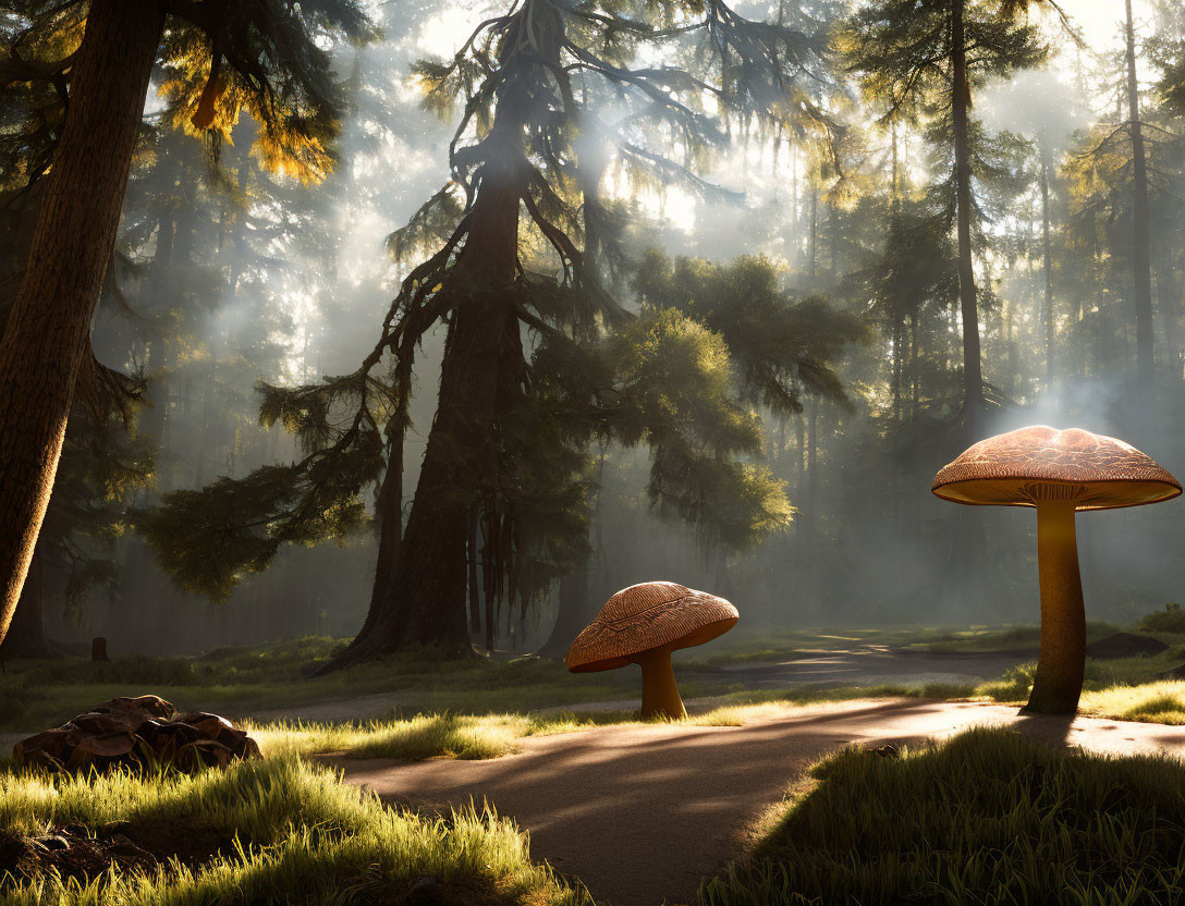 Sunlit forest path with giant illuminated mushrooms in mystical setting