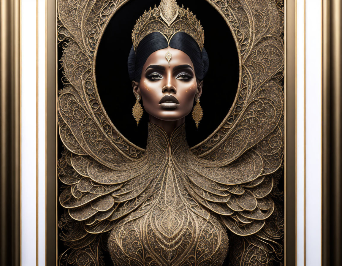 Golden portrait of stylized woman with elaborate headdress and jewelry in ornate frame.