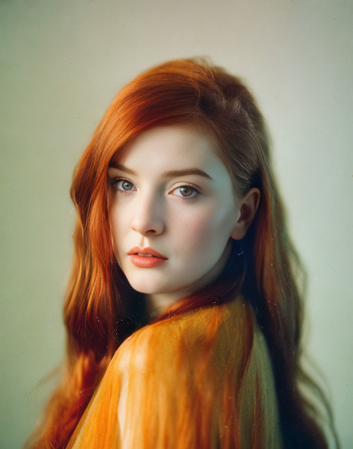 Portrait of Woman with Long Red Hair and Fair Skin on Warm-toned Background