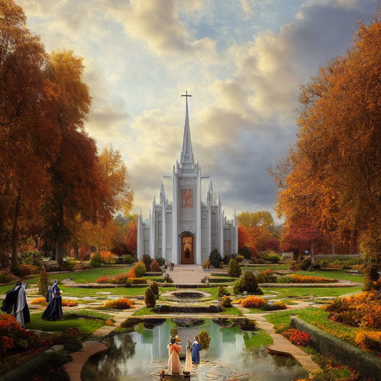 Ornate church surrounded by autumn trees and gardens with strolling figures