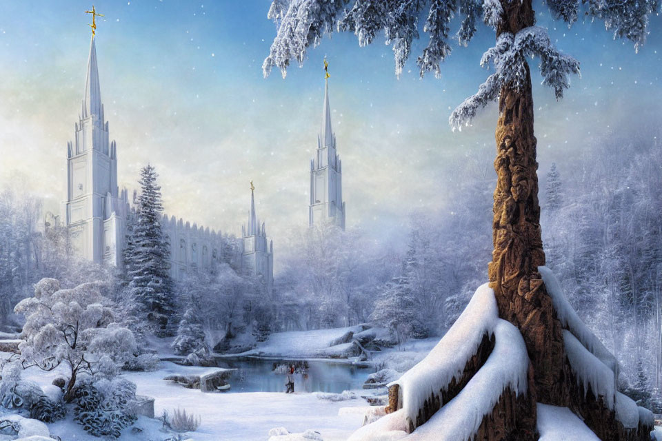 Snowy landscape with twin church spires, frozen river, and snow-covered trees