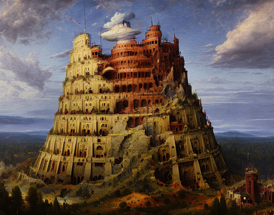 Tower of Babel painting: tiered structure with arches in lush landscape