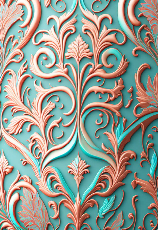 Detailed Copper-Relief Botanical Patterns on Teal Background