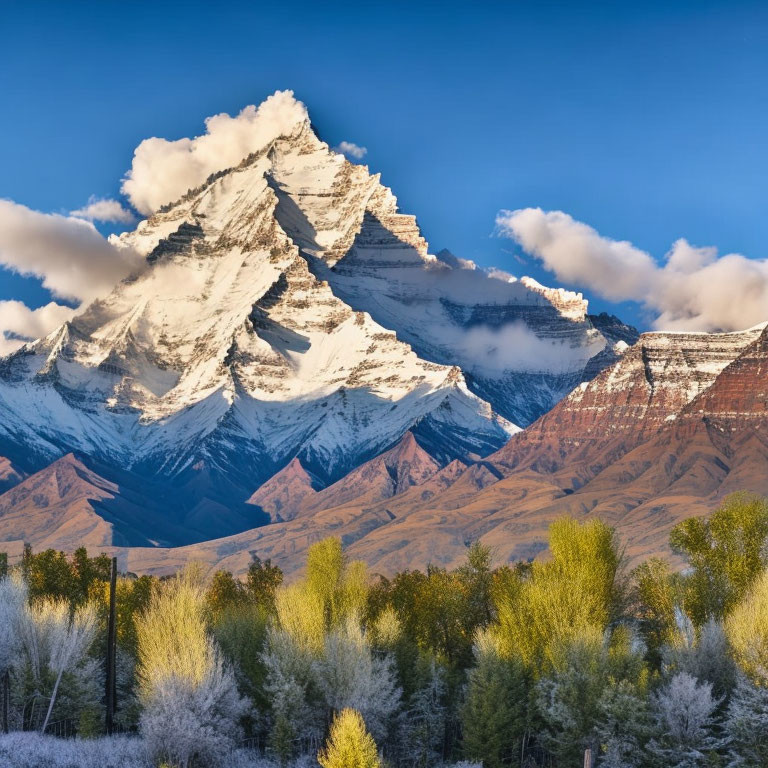 Snow-Capped Mountain Peak Over Green Valley and Blue Sky