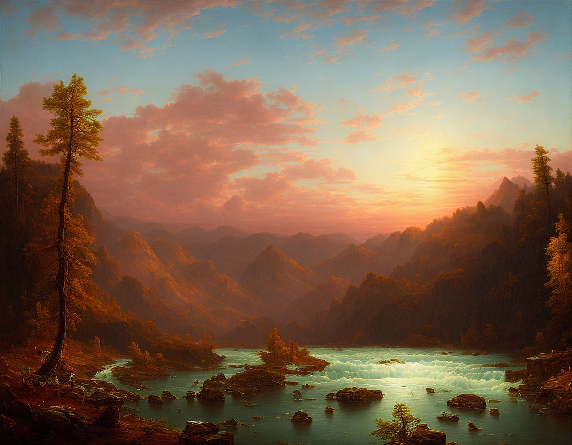 Mountainous Landscape Sunset with River and Pine Trees