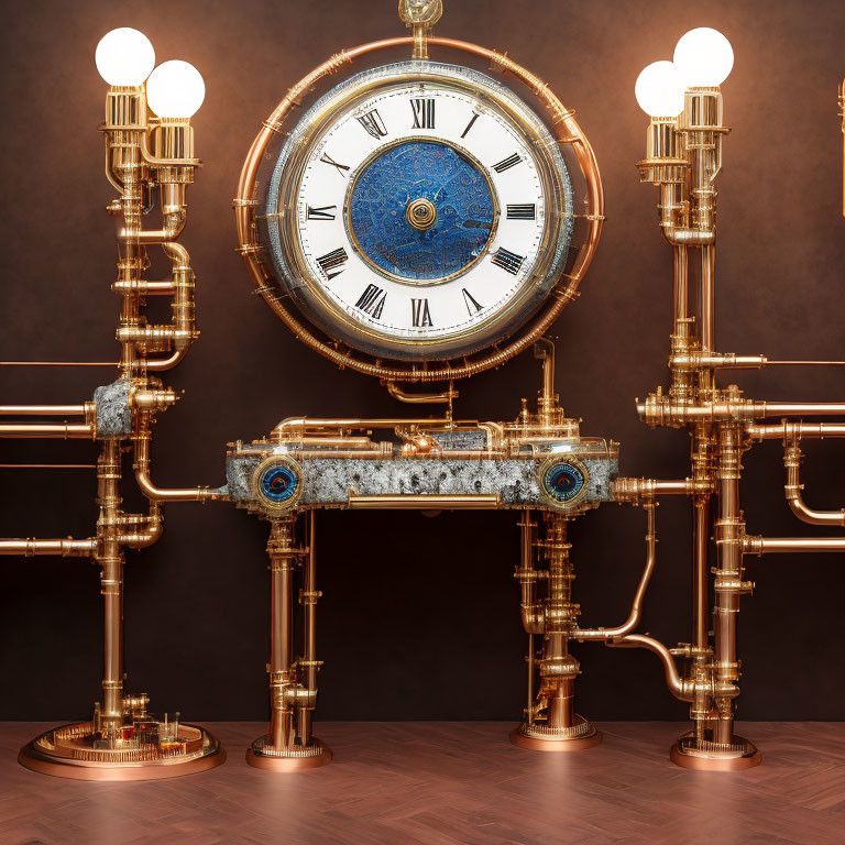 Steampunk-style clock with Roman numerals and copper piping on dark background