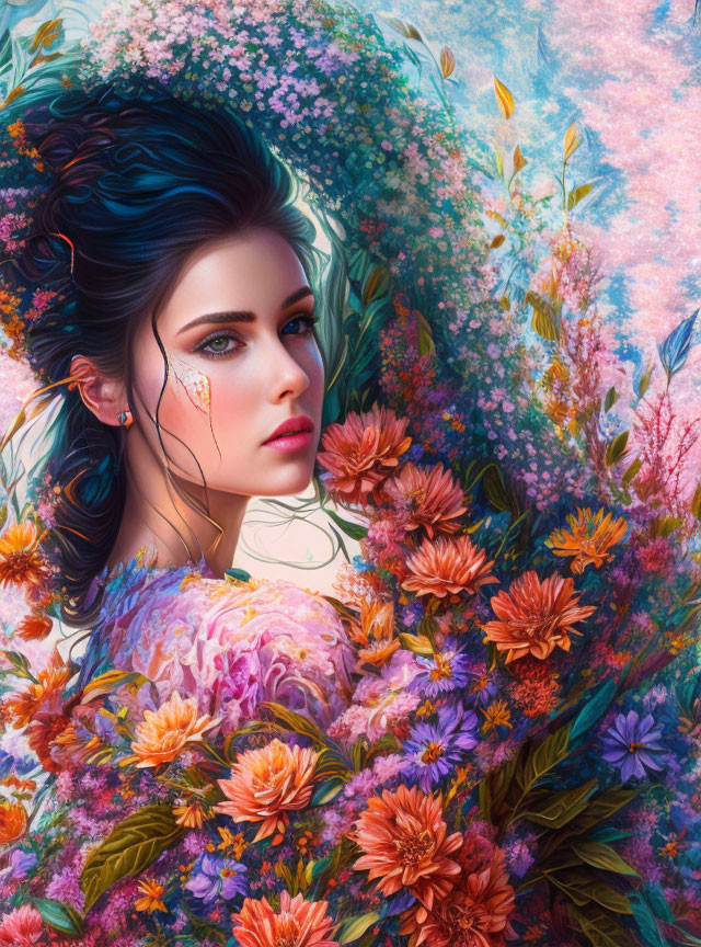 Dark-Haired Woman Portrait Among Vibrant Flowers