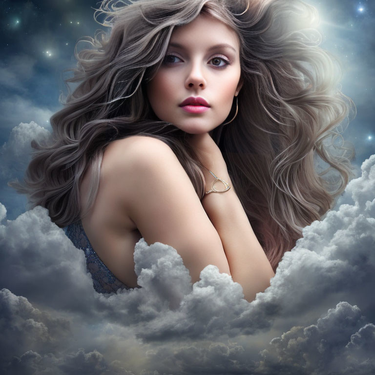 Woman's Portrait with Voluminous Hair in Cloudy Starry Sky