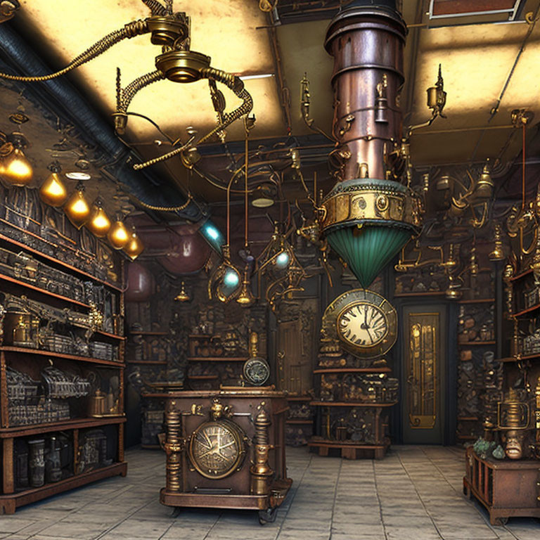 Detailed Steampunk Room with Brass Accents & Vintage Clocks