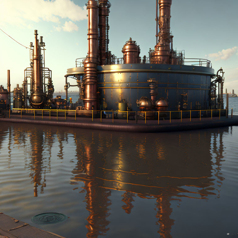 Industrial facility with storage tanks and distillation towers reflected in water at sunrise or sunset