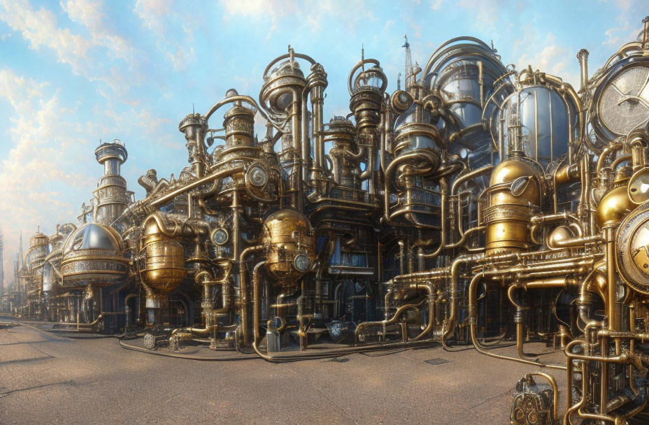 Detailed Steampunk Factory with Brass Pipes and Spherical Chambers