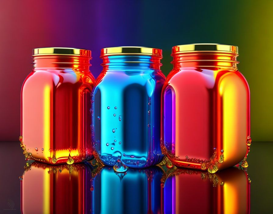 Vibrant glass jars on glossy surface with rainbow backdrop