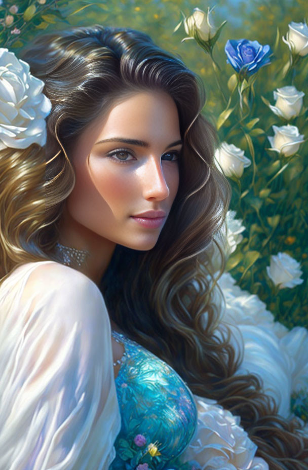 Digital artwork: Woman with long wavy hair in white dress among white and blue roses