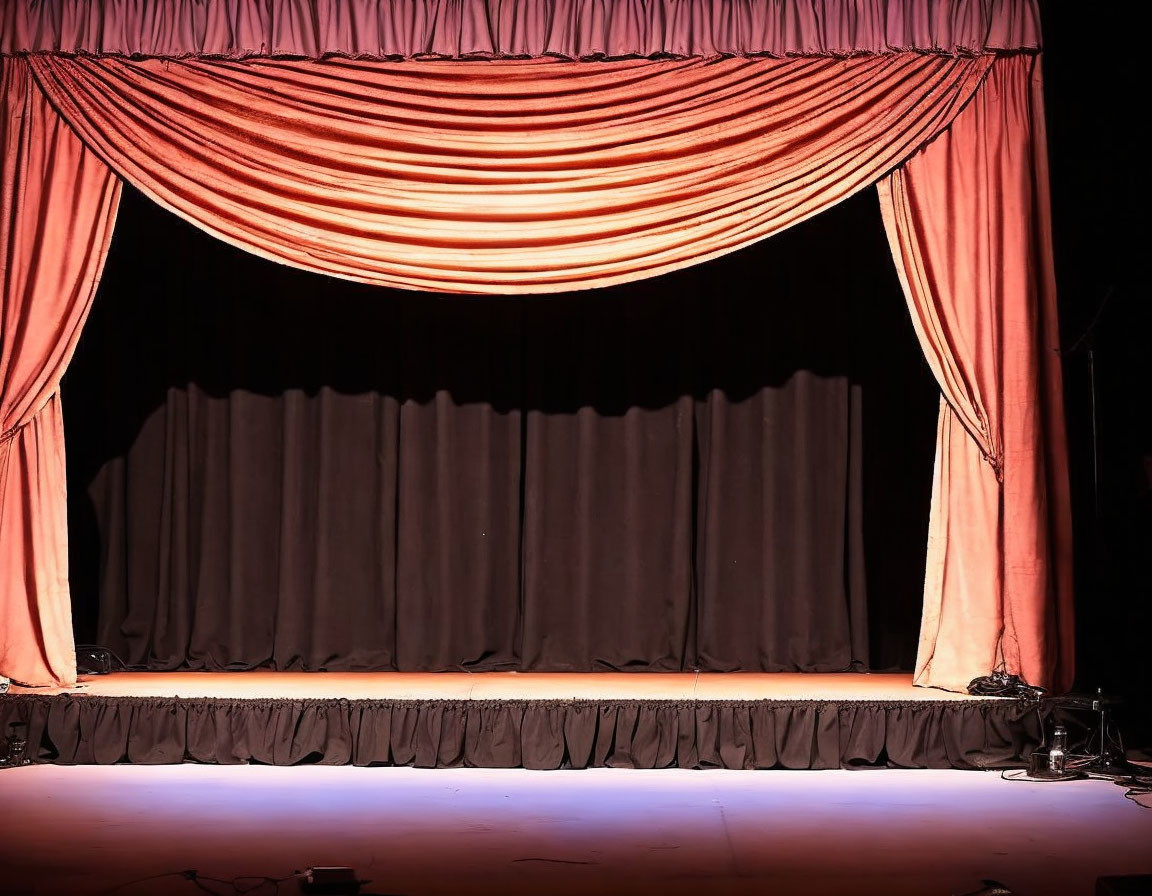 Red closed stage curtain on black backdrop in theater