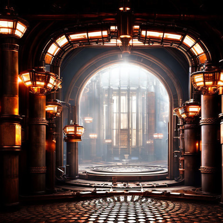 Circular Steampunk Room with Ornate Architecture